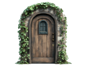 rustic wooden door surrounded by lush green ivy, set in stone archway, evokes sense of mystery and enchantment. This charming entrance invites exploration and adventure