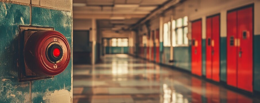 Close-up of red fire alarm button on school corridor wall with flashing light and blurred hallway background