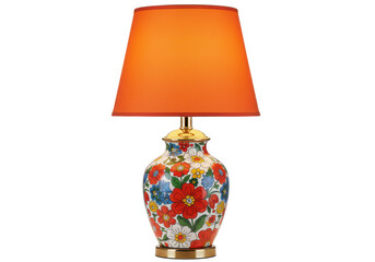 Decorative table lamp with a vibrant floral-patterned base and an orange lampshade, isolated on white background
