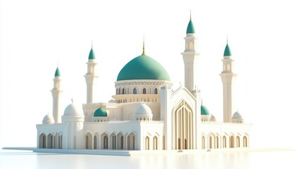 Majestic White Mosque Architectural Model Teal Domes Minarets Islamic Architecture