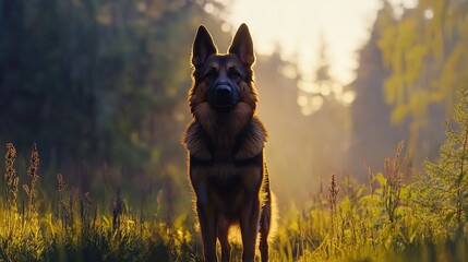 Majestic German Shepherd sunset forest portrait
