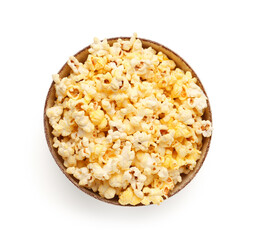 Bowl with crispy popcorn on white background