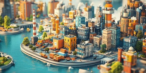 Dive into a vibrant 3D cityscape with colorful graphics, reminiscent of SimCity, perfect for logistics and city simulation game splash screens.