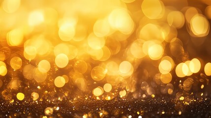Abstract golden bokeh background with shimmering lights, perfect for festive, holiday, or elegant design projects.