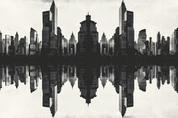 Fototapeta premium A striking black and white image showcasing a futuristic urban skyline with symmetrical reflections of modern skyscrapers.
