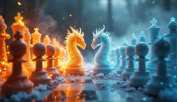 "A battle of fire and ice unfolds on the chessboard, where strategy meets the fury of elements. The dragons stand face to face, ready to decide the fate of the game." 🔥❄♟
