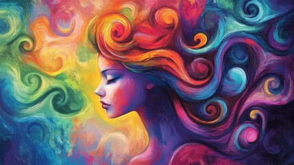 A woman with long hair is painted in a colorful style. The hair is in a spiral pattern