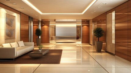 Fototapeta premium Elegant Modern Lobby Interior Design Featuring Wooden Walls