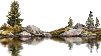 Small islands with pine trees and rocks reflecting on transparent water surface
