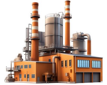 Industrial power plant with orange exterior and tall smokestacks, showcasing modern architecture and machinery. structure represents energy production and industrial efficiency