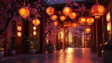 Fototapeta premium Illuminated Pathway in a Chinese Temple at Night