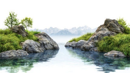 Serene lake reflecting majestic snowy mountains with transparent background