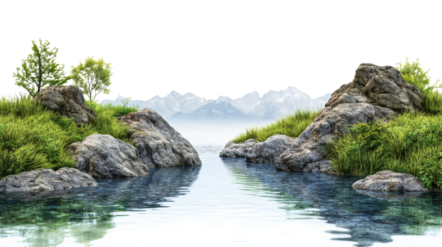 Serene lake reflecting majestic snowy mountains with transparent background