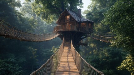 Fototapeta premium Exploring a magical treehouse in the lush forest dreamlike landscape nature photography serene environment wide angle