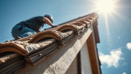 Skilled worker repairing a roof under bright sunlight with clear blue sky in the backdrop