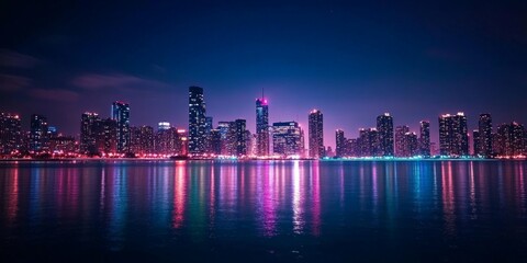 Fototapeta premium Cityscape at Night with Vibrant Reflections