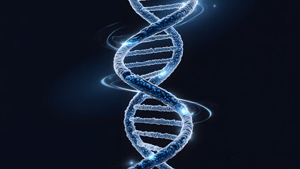 A shimmering, abstract representation of a DNA double helix.  The helix is composed of glowing blue particles against a dark background, creating an image that is both captivating and mysterious. 