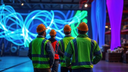 Obraz premium Workers in safety vests observe colorful light installation at warehouse event during evening gathering