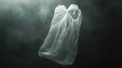 Fototapeta premium A plastic bag floats gracefully in a dark, misty atmosphere, creating an ethereal visual that highlights themes of waste and pollution in nature.