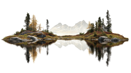 Small islands reflecting on a lake with snowy mountains and transparent background