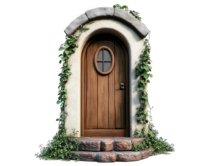 charming wooden door framed by stone and greenery, inviting and whimsical, perfect for fantasy settings