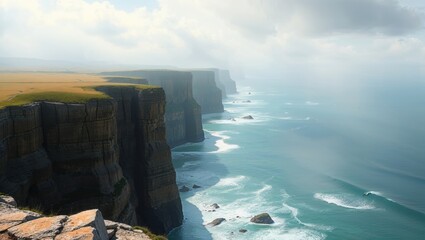 Breathtaking cliffs of Moher under a cloudy sky with crashing waves and serene coastal atmosphere