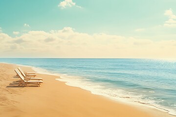 Amazing view of peaceful seaside with four wooden deckchairs