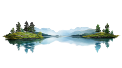 Serene lake reflecting majestic mountains and lush islands with transparent background
