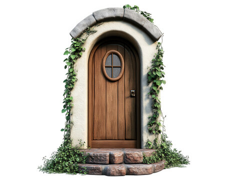 charming wooden door framed by stone and greenery, inviting and whimsical, perfect for fantasy settings