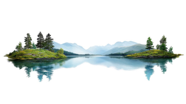 Serene lake reflecting majestic mountains and lush islands with transparent background