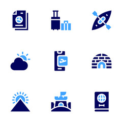 Travel icon set. Bold style. Duotone colors. travel, pyramid, sun, igloo, kayak, luggage, online booking, passport, sand castle