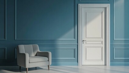 Fototapeta premium Teal room interior with armchair and white door.