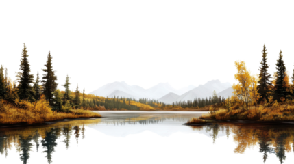 Autumn forest reflecting on the lake with snowy mountains and transparent background