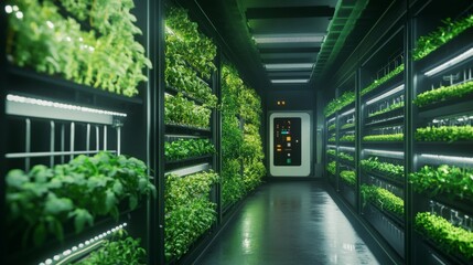 Futuristic Vertical Farm Interior with Lush Green Plants Under Bright LED Lights