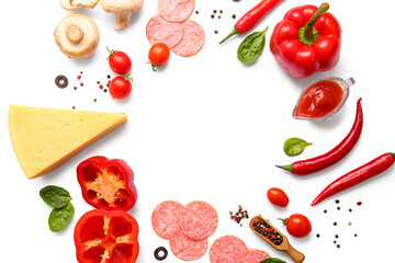 Frame made of fresh ingredients for preparing pizza on white background