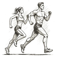 Fototapeta premium Running man and woman, isolated vector charcoal silhouettes. Run, side view. Charcoal sketches of athletic looking male and female runners running. JPEG version.