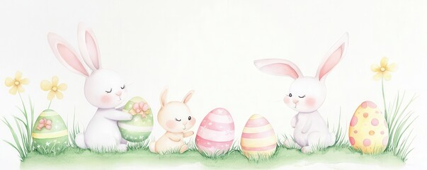 Adorable bunnies celebrating Easter with colorful eggs.