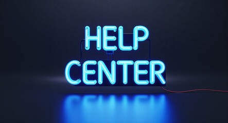 help center word lettering with neon blue glow on plain black dark background