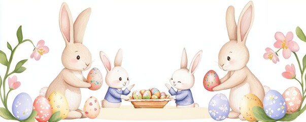 Charming rabbits celebrating Easter with colorful eggs and flowers.
