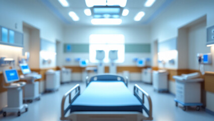 Blurred hospital room background with white walls, providing ample space for overlaying health or wellness content