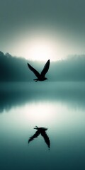 Fototapeta premium Silhouette of Bird in Flight over Misty Lake