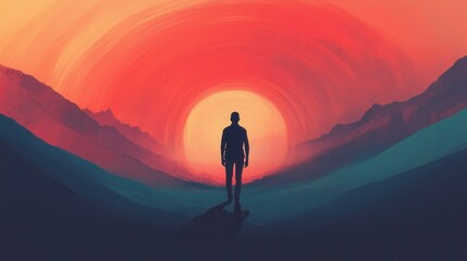Silhouetted Figure Against Vibrant Sunset Over Mountain Landscape
