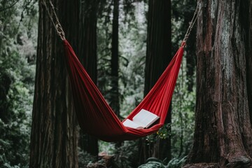 Cozy Hammock Between Trees with Open Book in a Serene Forest Setting
