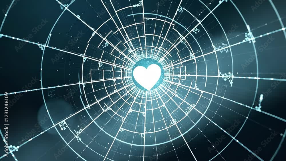 Poster A heart is in the center of a blue circle. The circle is surrounded by a web of lines