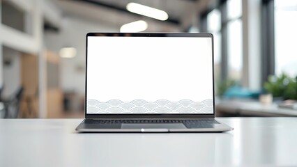 Fototapeta premium Laptop on desk, blank white screen, modern office interior, blurred background