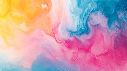 Fototapeta premium Colorful abstract fluid art with swirling patterns in yellow, pink, and blue, showcasing dynamic movement and vibrant energy.