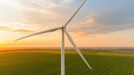 Stunning Wind Turbine Against Dramatic Sunset Over Green Fields