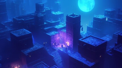 Naklejka premium Enigmatic ancient city bathed in blue moonlight, featuring illuminated pathways and towering structures.