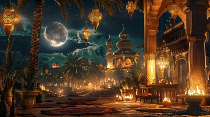 Beautiful ramadan mubarak and eid mubarak wallpaper with islamic calligraphy, crescent moon, and lanterns – festive background for ramadan and eid celebrations


