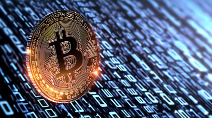 A golden coin with the letter B on it is floating in a sea of binary code. generated using AI